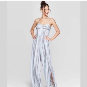 Xhilaration Blue Striped Split Wide Leg Jumpsuit